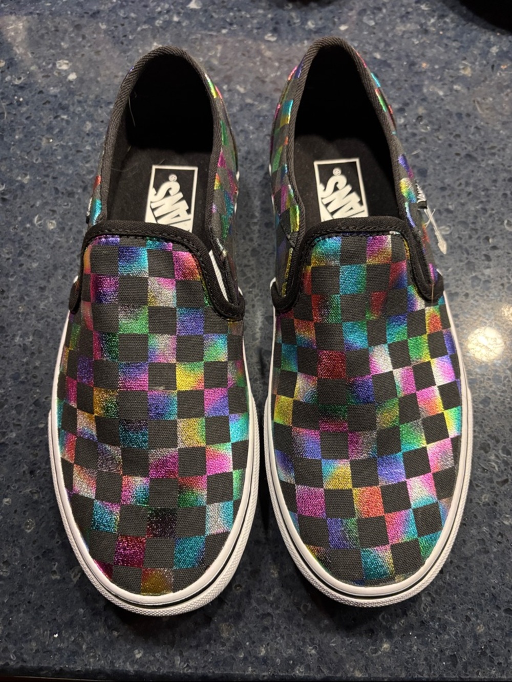 Vans Women’s Slip-On Checkerboard Sneakers Black with Iridescent Rainbow Squares